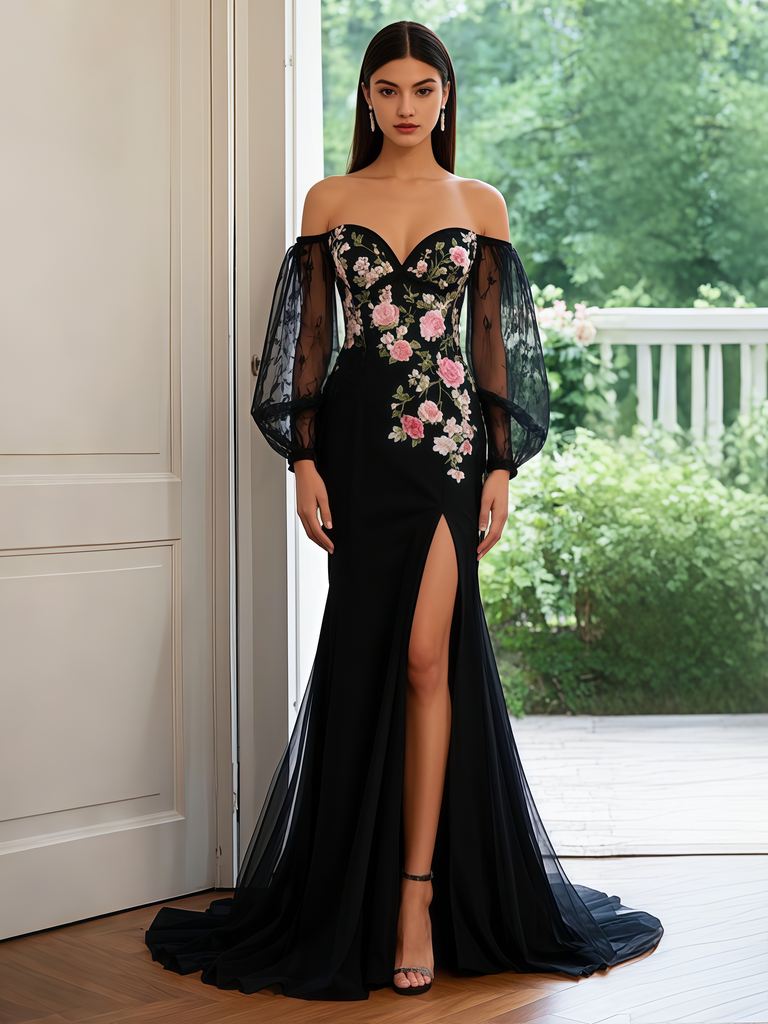 black floral mermaid prom dress Black-Nude Mermaid Spaghetti Straps Tulle Long Prom Dresses With Floral Sequins Black-Nude / 6