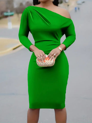 Off Shoulder Asymmetrical Neck Long Sleeve Green Bodycon Dress