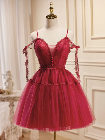 Burgundy A-Line Tulle Short Homecoming Dress