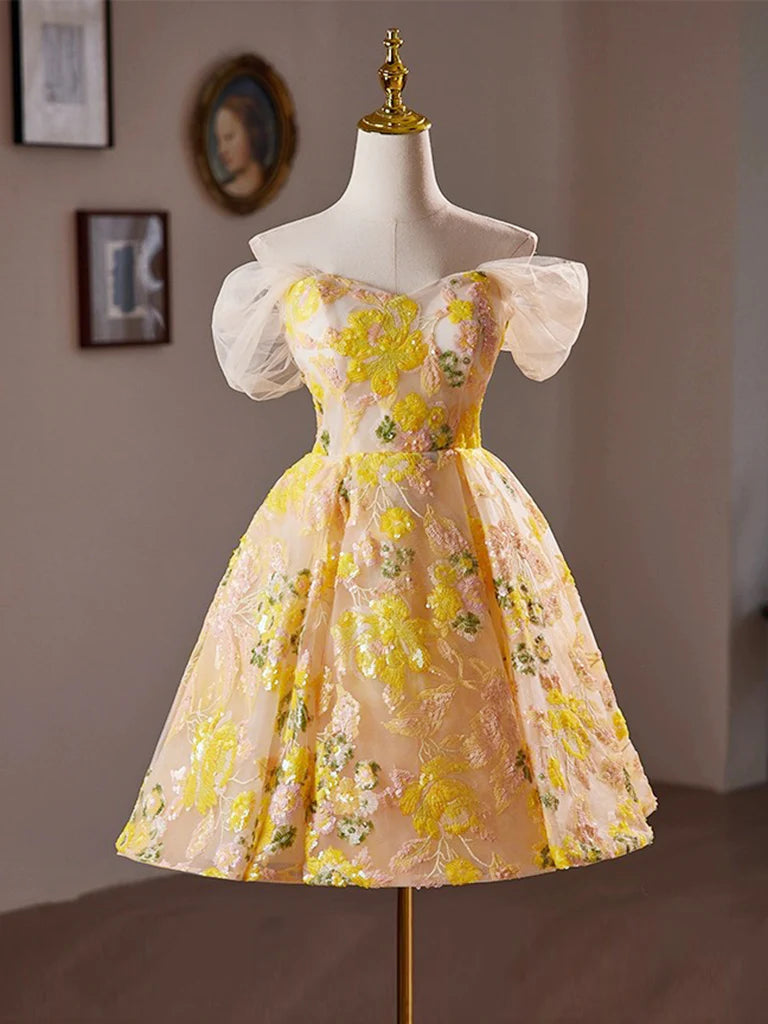 Floral Tulle Yellow A-Line Off Shoulder Homecoming Dress Sassymyprom Floral Tulle Yellow A-Line Off Shoulder Homecoming Dress Sassymyprom