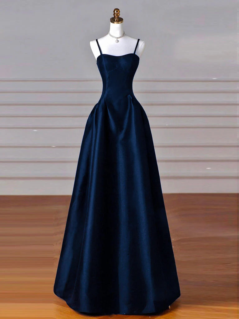 2024 Dreamy Dark Blue Spaghetti Straps Satin Prom Dress US4 / Champagne 2024 Dreamy Dark Blue Spaghetti Straps Satin Prom Dress US4 / Champagne