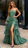Layers A Line Strapless Green Beading Prom Dress With Slit