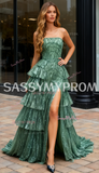 Layers A Line Strapless Green Beading Prom Dress With Slit