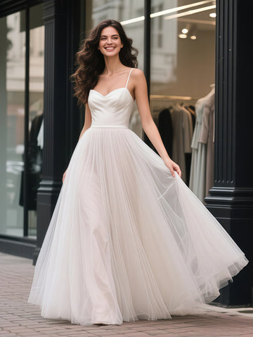 Spaghetti Straps Satin & Tulle A Line Wedding Dress