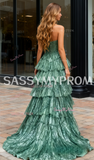 Layers A Line Strapless Green Beading Prom Dress With Slit