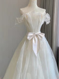 Organza A Line White Wedding Dress with Bow