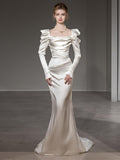 Square Satin Trumpet Mermaid Long Sleeve Wedding Dress