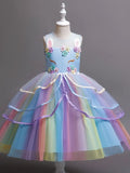 Girls Unicorn Colorful Print Mesh Princess Tutu Dress