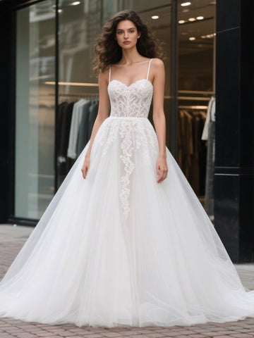 Lace & Tulle A Line Spaghetti Straps Wedding Dress
