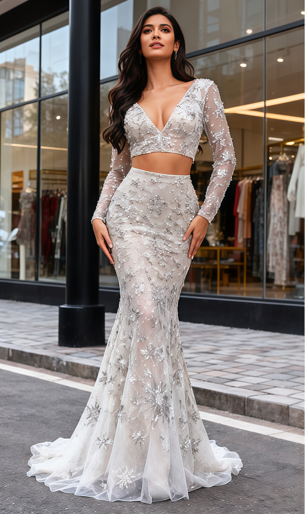 Two Piece Flower Beading Trumpet Mermaid Long Sleeve Prom Dress US6 Two Piece Flower Beading Trumpet Mermaid Long Sleeve Prom Dress US6