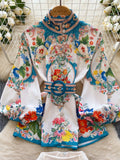 Blue Floral Print High Collar Belt Two Piece Set