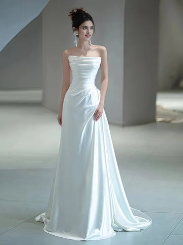 A Line Strapless Satin Ruched Wedding Dress