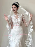 V Neck Trumpet Mermaid Sheer Long Sleeve Wedding Dress