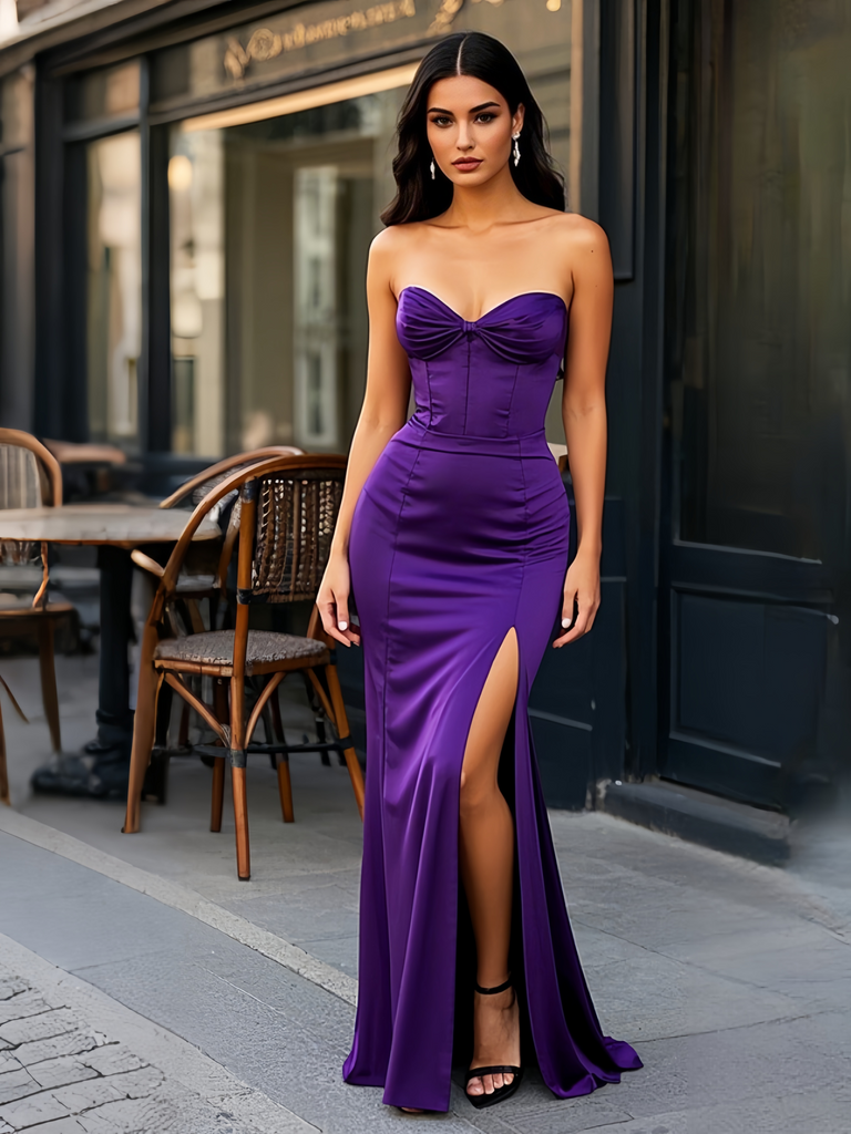 purple trumpet prom dress Purple Prom Dresses Halter V-Neck Trumpet/Mermaid High Waist Ruched Prom Dress With Slit