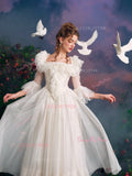 Tulle Ankle Length A Line Ruffles Puffy Sleeves Wedding Dress