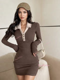 Button Fitted Long Sleeve Brown Dress