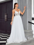 V Neck Sheer Backless Tulle A Line Wedding Dress