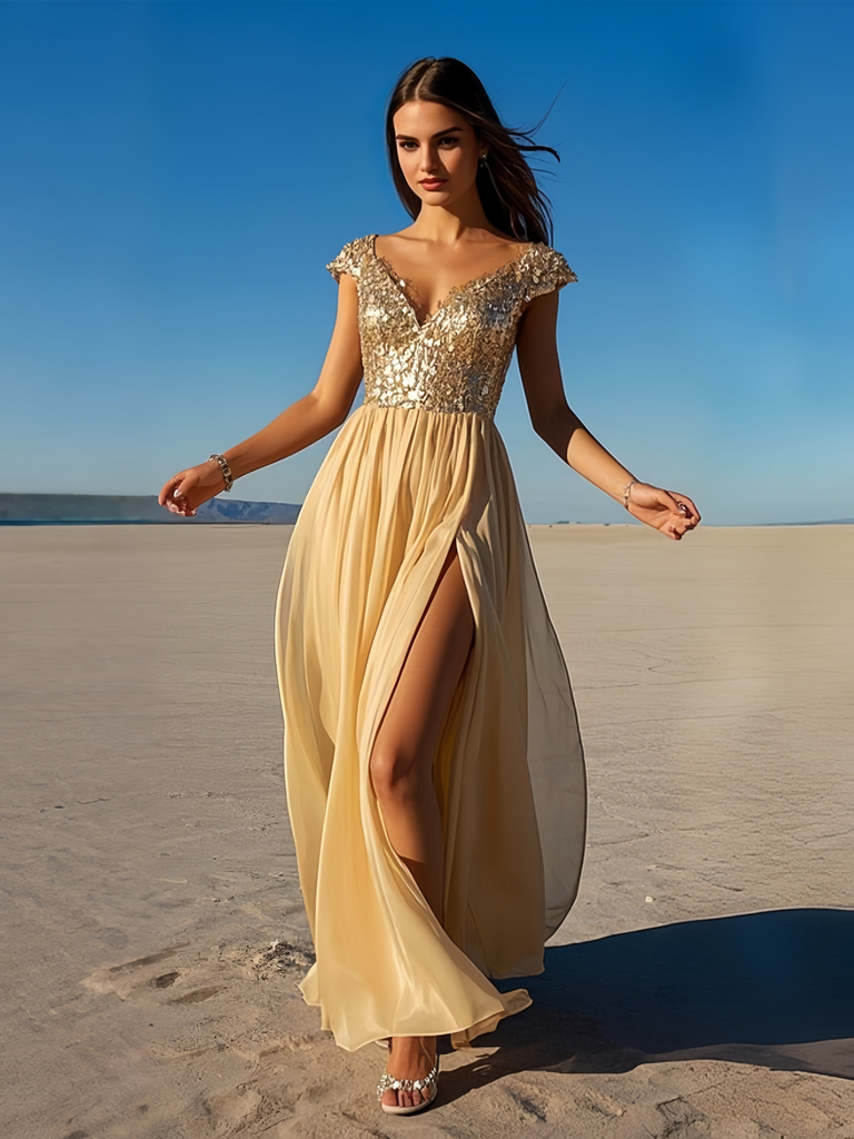 Cap Sleeve A Line Chiffon Gold Prom Dress With Slit Cap Sleeve A Line Chiffon Gold Prom Dress With Slit
