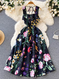 Colorful Flowers Black Maxi Dress