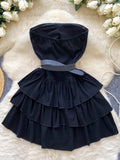 Belt Ruffles Black Strapless Short Mini Dress