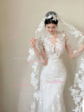 V Neck Trumpet Mermaid Sheer Long Sleeve Wedding Dress