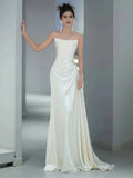 A Line Strapless Satin Ruched Wedding Dress