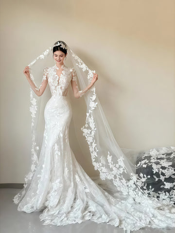 V Neck Trumpet Mermaid Sheer Long Sleeve Wedding Dress