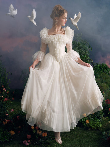 Tulle Ankle Length A Line Ruffles Puffy Sleeves Wedding Dress