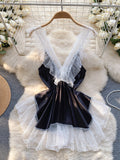 V Neck White Mesh Black Satin Ruffled Dress