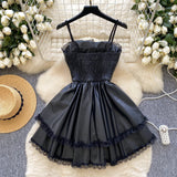 Sweet Short Black Mini Ruffles Lace Dress