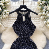 Sparkle Stylish Front Slit Black Dress