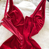 Flattering Waist Red Velvet Midi Dress