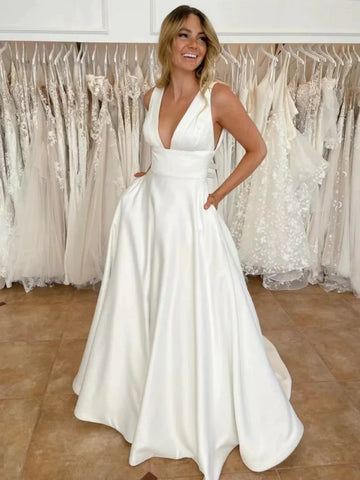 White Satin Long A Line V Neck Wedding Dress With Pockets