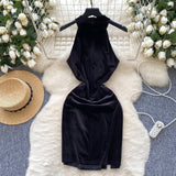 Halter Black Crystal Velvet Midi Dress
