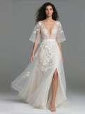 Lace Short Sleeves V Neck A Line Wedding Dress With Slit