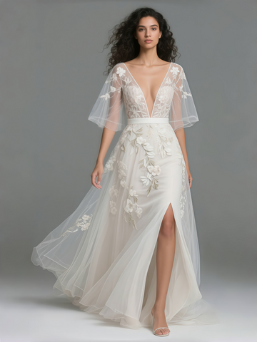 Lace Short Sleeves V Neck A Line Wedding Dress With Slit