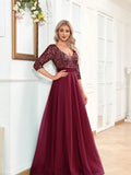 Burgundy Chiffon Half Sleeve Waist Sequin Long Dres