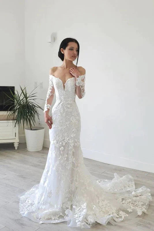 Elegant Mermaid Long Sleeve Off The Shoulder Lace Wedding Dress, Diamond White / UK 14 Elegant Mermaid Long Sleeve Off The Shoulder Lace Wedding Dress, Diamond White / UK 14