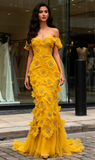 Off The Shoulder Tulle Yellow Flower Mermaid Prom Dress