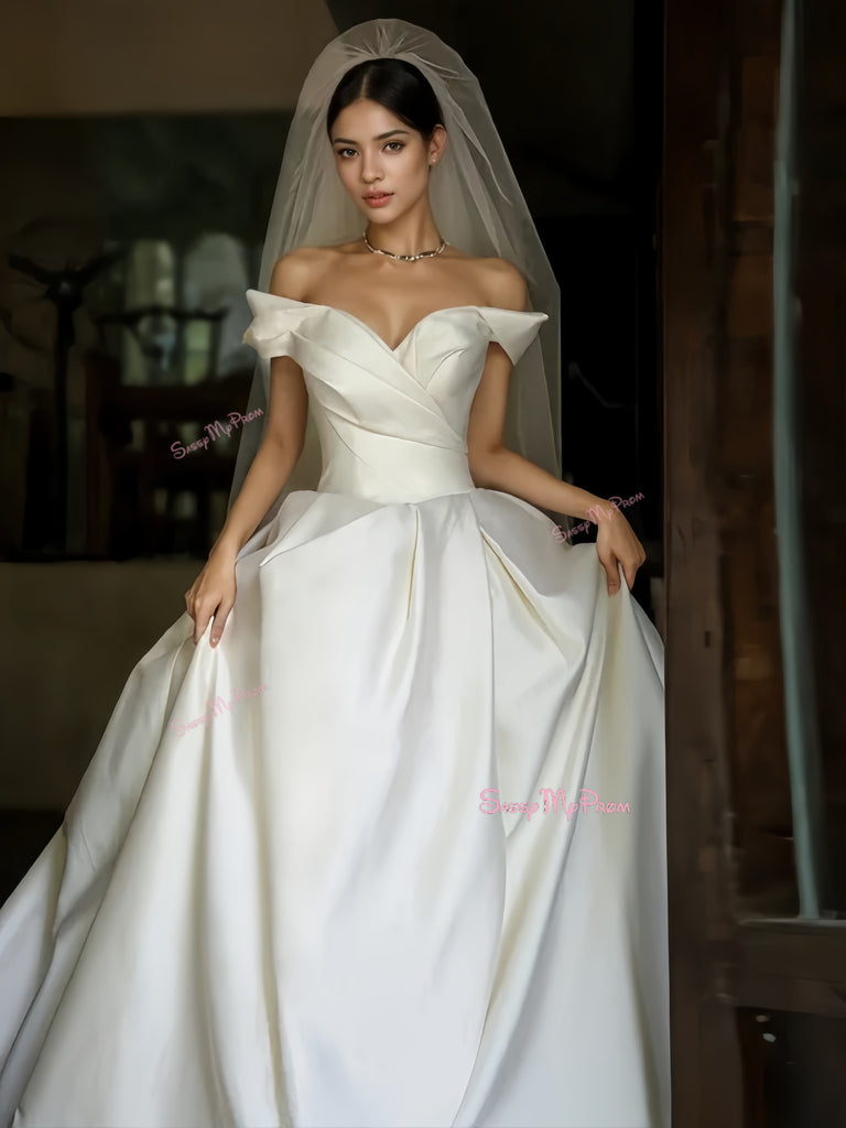 Off The Shoulder Ruched A Line White Wedding Dress Custom Made / Ivory Off The Shoulder Ruched A Line White Wedding Dress Custom Made / Ivory