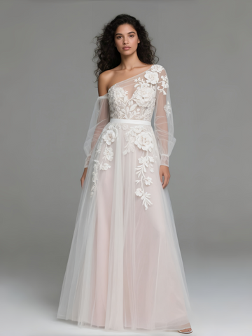 Long Sleeves Blush Tulle One Shoulder Wedding Dress