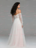 Long Sleeves Blush Tulle One Shoulder Wedding Dress