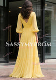 Yellow V Neck A Line Chiffon Long Sleeve Prom Dress