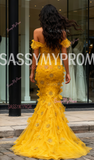 Off The Shoulder Tulle Yellow Flower Mermaid Prom Dress