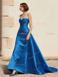 Satin Ruched A Line Simple Royal Blue Prom Dress