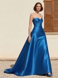 Satin Ruched A Line Simple Royal Blue Prom Dress