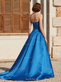 Satin Ruched A Line Simple Royal Blue Prom Dress
