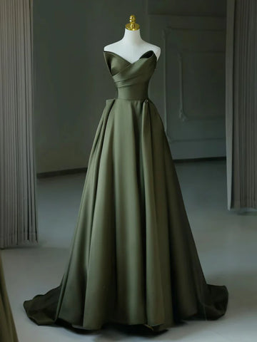Sophisticated Olive Green Satin Prom Dress