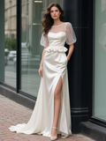 Scoop Trumpet Mermaid Satin Puffy Sleeve Wedding Dress With Pockets