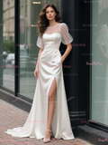 Scoop Trumpet Mermaid Satin Puffy Sleeve Wedding Dress With Pockets